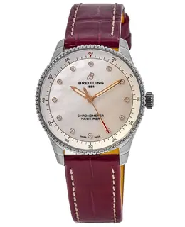 Brand New Authentic Breitling Navitimer 32 a77320e61a2p2 Mother of Pearl Diamond Dial Burgundy Leather Strap Women's Watch