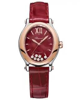 Chopard Happy Sport Oval 7 Floating Diamonds Automatic Mother of Pearl Diamond Dial 18K Rose Gold Bezel Red Leather Strap Women's Watch 278602-6006 27