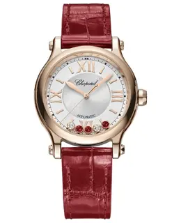 Chopard Happy Sport Automatic 33mm Silver Dial 18K Rose Gold Red Leather Strap Women's Watch 275378-5011