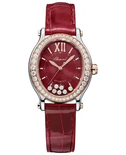Chopard Happy Sport Oval 7 Floating Diamonds Automatic Mother of Pearl Dial 18K Rose Gold Diamond Bezel Red Leather Strap Women's Watch 278602-6005 27
