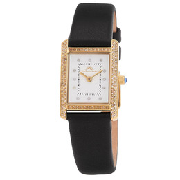 Porsamo Bleu Karolina Ladies Watch 1084AKAL Quartz Movement With Diamond Hour Markers Yellow Gold Tone Stainless Steel Case Genuine Leather Strap Rectangle Shape