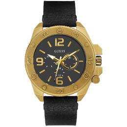 Guess Viper Quartz Mens Watch Black Dial, Yellow Gold-tone Stainless Steel Case & Leather Strap