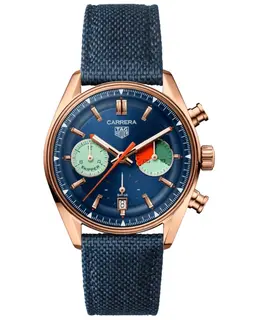Tag Heuer Carrera Chronograph Skipper Automatic Blue Dial 18K Rose Gold Blue Fabric Strap Men's Watch cbs2241.fn8023