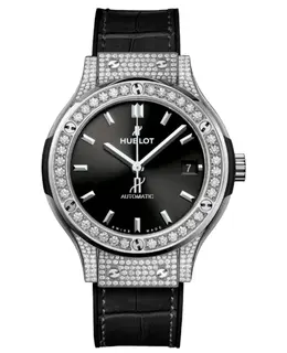 Hublot Classic Fusion Automatic Pave 38mm Black Dial Diamond Titanium Leather Strap Unisex Watch 565.nx.1470.lr.1604