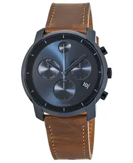 Authentic Movado Men's Blue Chronograph Dial Watch with Cognac Brown Leather Strap Model 3600476