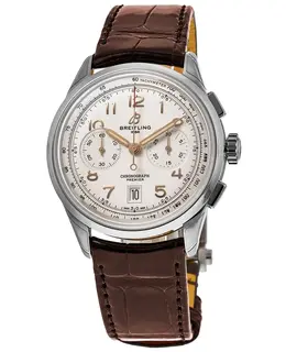 Authentic Breitling Premier B01 Chronograph 42 Automatic, Cream Dial Brown Leather Strap Model AB0145211G1P2