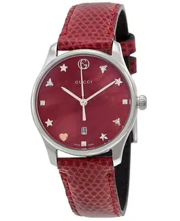 Gucci G-Timeless Red Mother of Pearl Dial Leather Strap Women's Watch ya126584