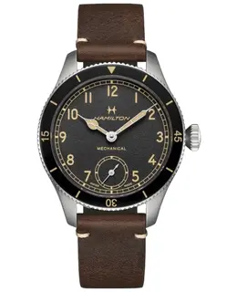 HAMILTON KHAKI AVIATION PILOT PIONEER MECHANICAL SMALL SECONDS BLACK DIAL LEATHER STRAP MEN'S WATCH MODEL H76719530