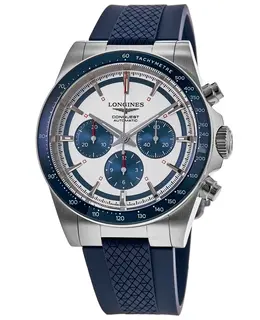 Longines Conquest Automatic Chronograph L38354989 Silver Dial Blue Rubber Strap Men's Watch