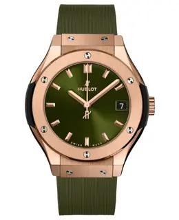 Hublot Classic Fusion 33mm King 18K Rose Gold Quartz Green Dial Rubber Strap Women's Watch 581.ox.8980.rx