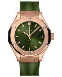 Hublot Classic Fusion King 18K Rose Gold 29mm Quartz Green Dial Rubber Strap Women's Watch 591.ox.8980.rx