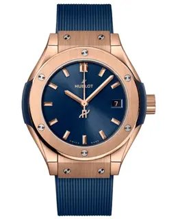 Hublot Classic Fusion King 18K Rose Gold 29mm Quartz Blue Dial Rubber Strap Women's Watch 591.ox.7180.rx