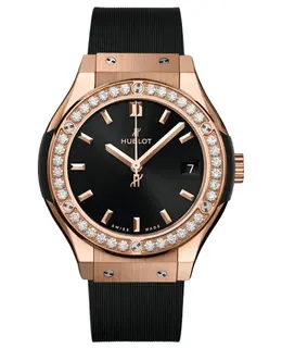 Hublot Classic Fusion 33mm King 18K Rose Gold Quartz Black Dial Diamond Bezel Rubber Strap Women's Watch 581.ox.1480.rx.1104
