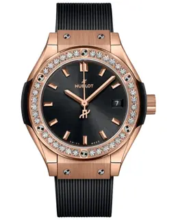 Hublot Classic Fusion Unico King 18K Rose Gold Quartz Black Dial Diamond Bezel Rubber Strap Women's Watch 591.ox.1480.rx.1204