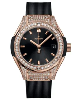 Hublot Classic Fusion Unico King 18K Rose Gold Quartz Black Dial Diamond Case Rubber Strap Women's Watch 591.ox.1480.rx.1604