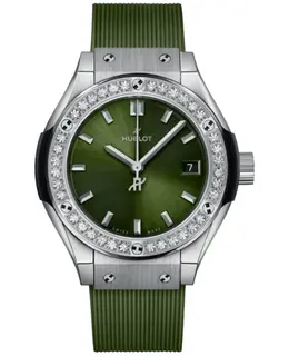 Hublot Classic Fusion Titanium Quartz Green Dial Diamond Bezel Rubber Strap Women's Watch 591.nx.8970.rx.1204