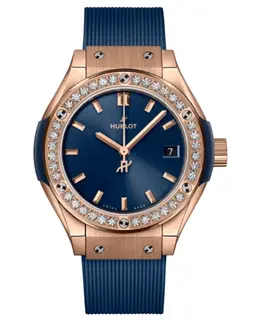Hublot Classic Fusion Blue 18K King Rose Gold Quartz Diamond Bezel Rubber Strap Women's Watch 591.ox.7180.rx.1204