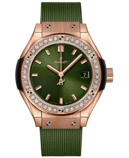 Hublot Classic Fusion 18K King Rose Gold Quartz Green Dial Diamond Bezel Rubber Strap Women's Watch 591.ox.8980.rx.1204