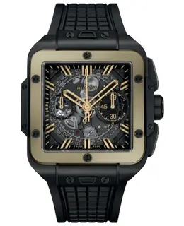 Hublot Square Bang Unico Ceramic Automatic Chronograph Skeleton Dial 18K Magic Gold Bezel Black Rubber Strap Men's Watch 821.cm.0130.rx