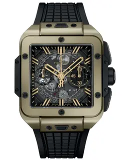 Hublot Square Bang Unico Automatic Chronograph Skeleton Dial 18K Magic Gold Black Rubber Strap Men's Watch 821.mx.0130.rx