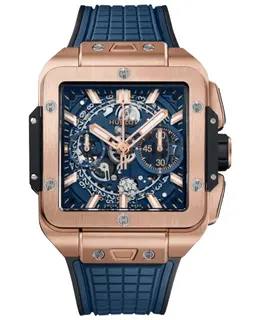 Hublot Square Bang Unico Automatic Chronograph Blue Dial 18K King Rose Gold Rubber Strap Men's Watch 821.ox.5180.rx