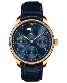 IWC Portugieser Perpetual Calendar Automatic Blue Dial 18K Rose Gold Leather Strap Men's Watch Model IW503312
