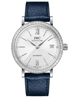 IWC Portofino Automatic 37 Silver Dial Diamond Bezel Blue Leather Strap Watch IW658601