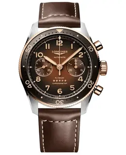 Longines Spirit Flyback Automatic Chronograph Brown Dial 18K Rose Gold Plated Bezel Leather Strap Men's Watch l3.821.5.59.2