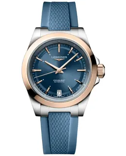 Longines Conquest Automatic Blue Dial 18K Rose Gold Plated Bezel Rubber Strap Women's Watch Model L3.430.5.92.9