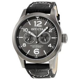 Invicta 10492: Gunmetal Ion-Plated Stainless Steel Case, Black Leather Strap - Grey Dial with Luminous Hands
