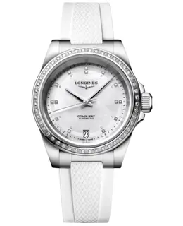 Longines Conquest Automatic Mother of Pearl Dial Diamond Bezel White Rubber Strap Women's Watch L3.430.0.87.9