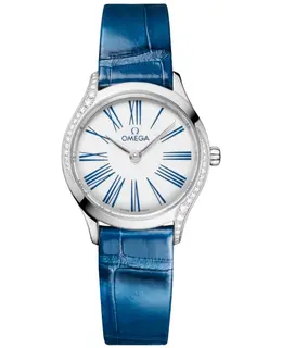 Authentic Omega De Ville Tresor Mini Quartz White Dial Diamond Bezel Blue Leather Strap Women's Watch Model 428.18.26.60.04.002