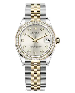Rolex Datejust M278383RBR-0020 - Yellow Rolesor Case with Diamond Bezel, Silver Diamond Dial Women's Watch