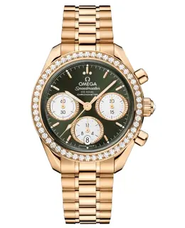 Omega Speedmaster Co-Axial Chronograph 38mm Automatic Green Dial Diamond Bezel Yellow Gold Watch Model 32455385060001
