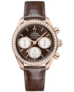 Brand New Authentic Omega Speedmaster Co-Axial Chronograph 38mm Automatic Brown Dial Diamond Bezel Rose Gold Strap Watch Model: 32458385063001