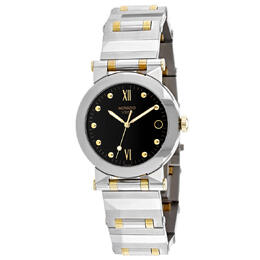 Movado Vizio Black Dial Ladies Watch, Silver-tone Stainless Steel Case and Bracelet, Fixed Bezel, Analog Dial with Gold Tone Hands and Index Markers, Minute Markers on Outer Rim, Quartz Movement, Mineral Crystal, Round Shape 25mm Size