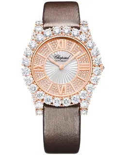 Chopard L'Heure Du Diamant Round Medium Automatic Silver Dial Diamond Bezel Brown Satin Strap Women's Watch 139419-5601