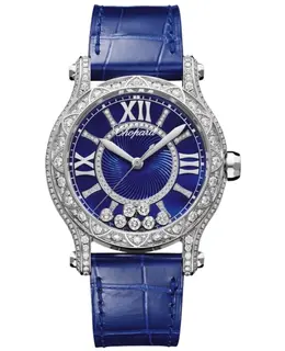 Chopard Happy Sport Medium Automatic 36mm Limited Edition Blue Dial Diamond Set 18K White Gold Leather Strap Women's Watch 274891-1016