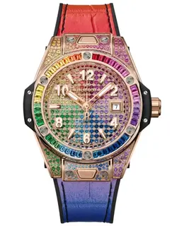 Hublot Big Bang One Click Rainbow Automatic Gemstone Bezel 18K King Gold Leather Strap Women's Watch 485.ox.9900.lr.0999