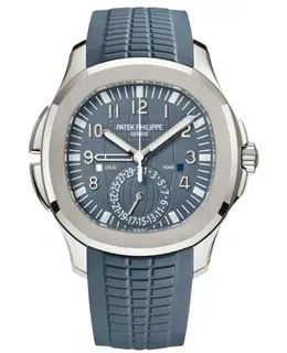 Patek Philippe Model 5164G-001 Aquanaut Travel Time GMT Automatic Luxury Watch Blue Dial White Gold Case Blue Strap