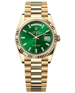 Authentic Rolex Day-Date 36mm Yellow Gold Automatic Green Diamond Dial Women's Watch Model M128238-0130