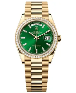 Rolex Day-Date Model M128348RBR-0078 Yellow Gold Automatic Green Dial Diamond Bezel Watch