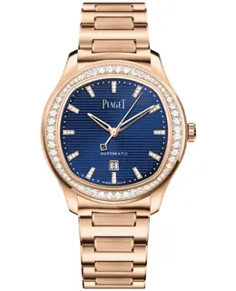 Brand New Authentic Piaget Polo Date Automatic Blue Dial Diamond Bezel 18K Rose Gold Women's Watch Model G0A49029