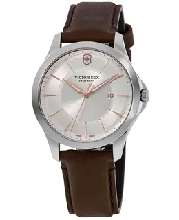 Brand New Authentic Victorinox Swiss Army Alliance Quartz White Dial Brown Leather Strap Men's Dress Watch Model 241907