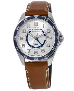 Victorinox Swiss Army Fieldforce GMT Classic Quartz Silver Dial Brown Leather Strap Men's Watch 241931