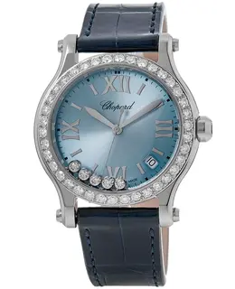 Chopard Happy Sport Medium 36mm Blue Floating Diamond Dial Custom Diamond Bezel Leather Strap Women's Watch 278582-3008-cda