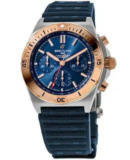 Brand New Authentic Breitling Chronomat B01 (Model: UB0134101C1S1) Blue Dial, 18K Rose Gold Bezel, Rubber Strap Men's Luxury Chronograph