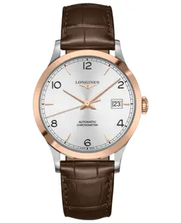 Longines Record Chronometer Automatic Silver Dial 18K Rose Gold-plated Bezel Brown Leather Strap Men's Watch l2.821.5.76.2