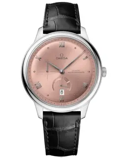 Omega De Ville Prestige Co-Axial Chronometer Power Reserve 41mm Automatic Salmon Dial Black Leather Strap Men's Watch 434.13.41.21.10.001 434.13.41.21