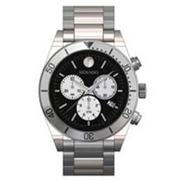 Mens Movado 607993 Chronograph: Silver Stainless Steel Case, Black Dial, Unidirectional Bezel